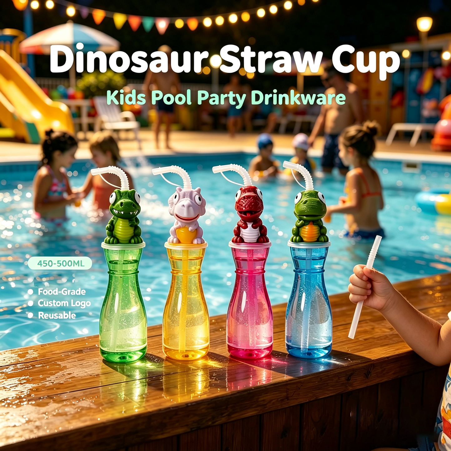 450-500ML Cute Dinosaur Head Plastic Drink Straw Cup Custom Printing Reusable Souvenir Cup For Children Birthday Party Water Park Bar