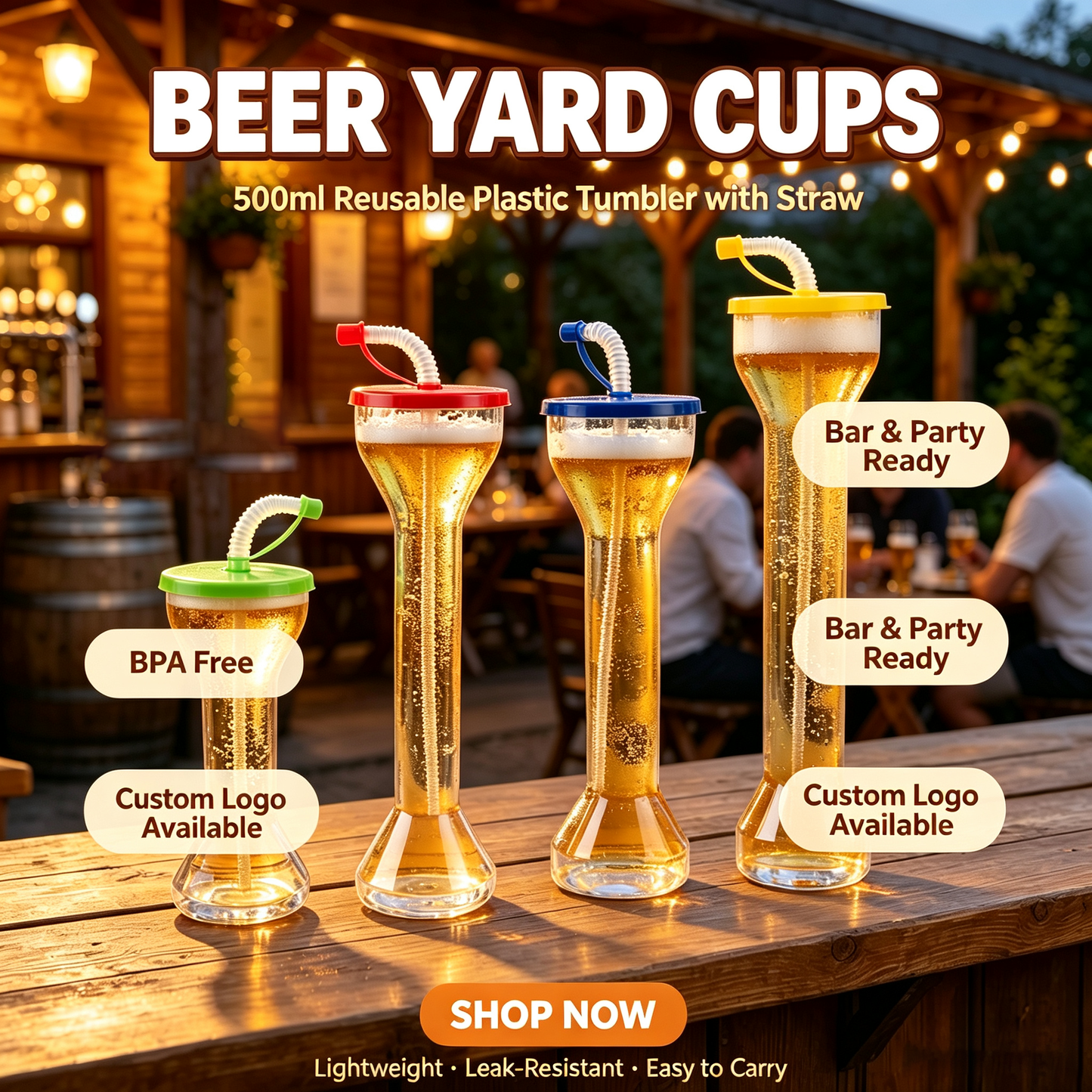 Beer Yard Cups With Bendy Straw, 500ml 600ml 700ml 800ml BPA Free Plastic Tall Tumbler For Bar Party Carnival