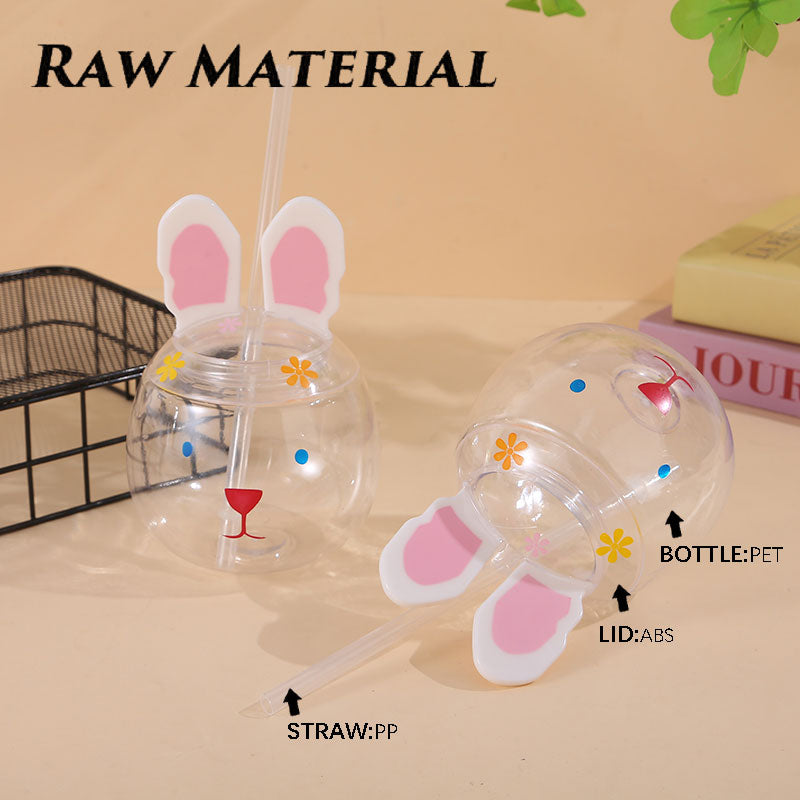 Cute 3D Rabbit Head PET Straw Cup 500ML Reusable Kids Plastic Tumbler Custom Printed Party Juice Water Cup