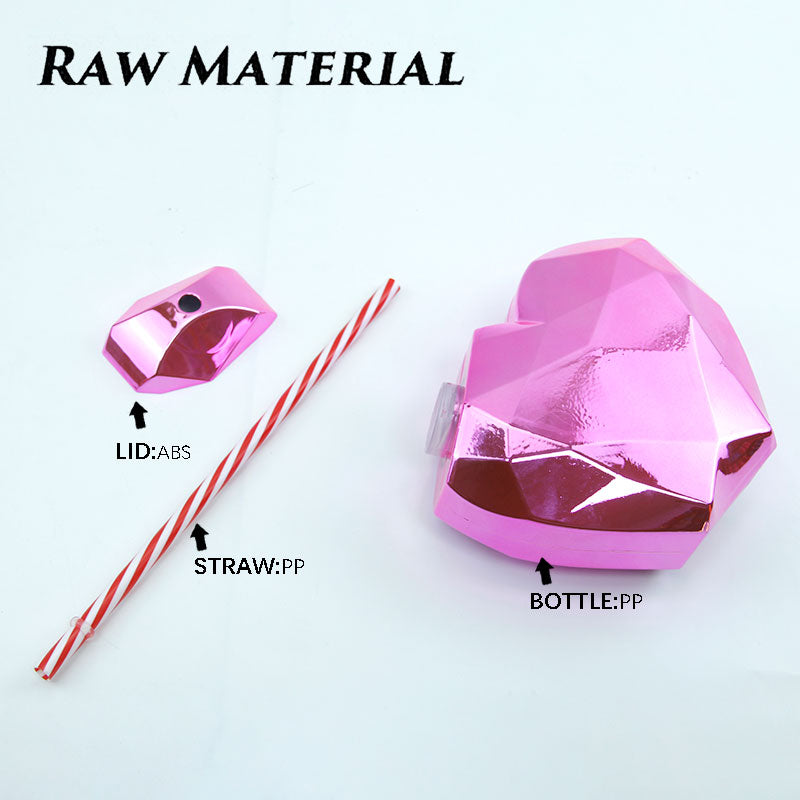 Metallic Diamond Heart Shaped Plastic Straw Cup 450-500ML PET PP Reusable Tumbler Custom Logo Valentine Party Drink Cup