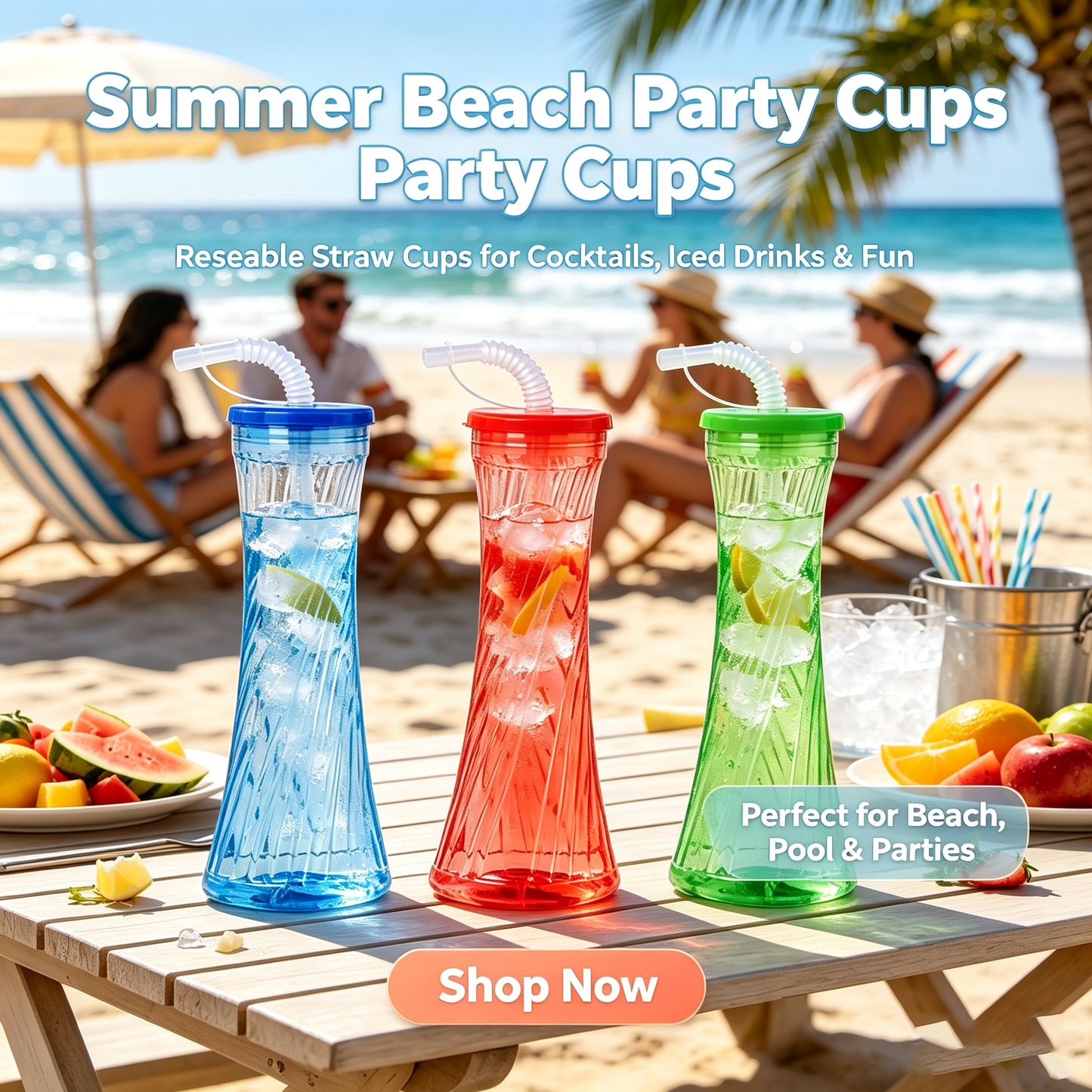 Tall Twist Plastic Yard Cup with Bendy Straw, 500ml BPA Free Summer Beach Party Cold Drink Tumbler for Pool Bar Carnival