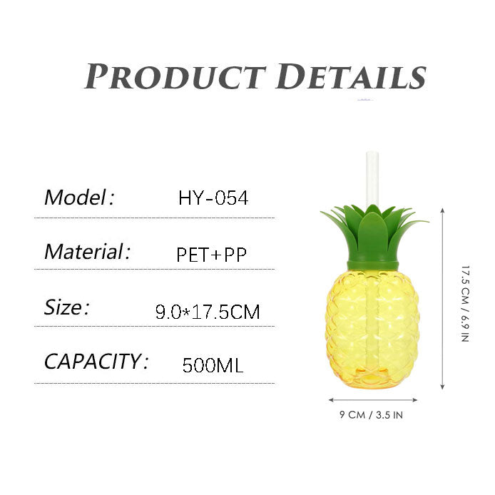 500ML Pineapple Shape PET Plastic Straw Cup Transparent Reusable Custom Logo Party Juice Tumbler