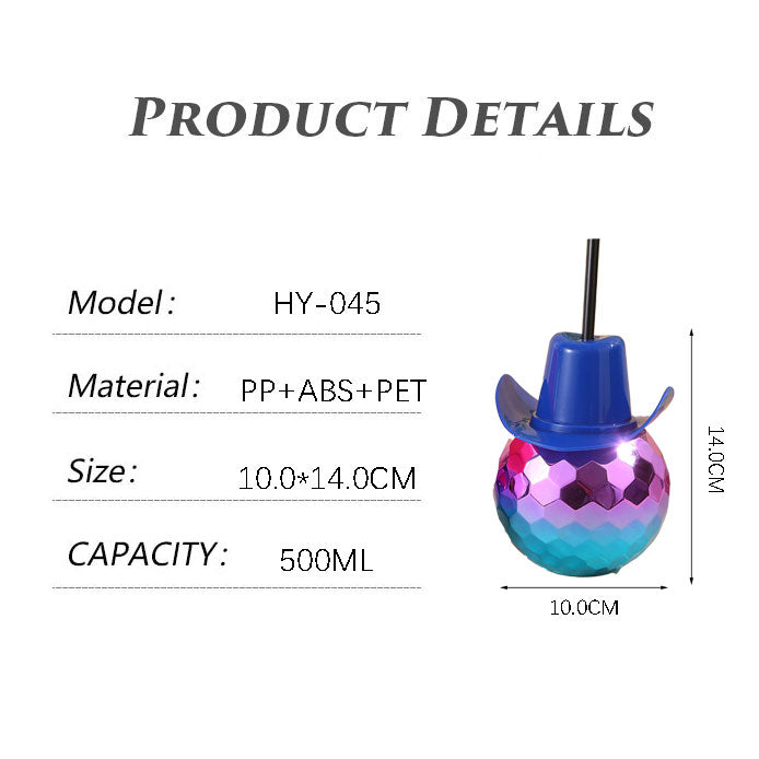 Discoball Cup Custom Logo Wholesale PET Plastic Slush Cup Novelty Cowboy Hat Disco Mirror Ball Plastic Straw Cup 450-500ML, Reusable Sphere Drink Tumbler For Western Party