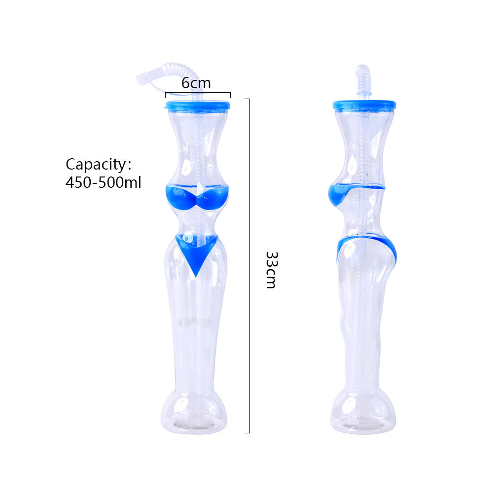 450-500ml Bikini Lady Shape Plastic Straw Cup 33×6cm PET Party Juice Bottle