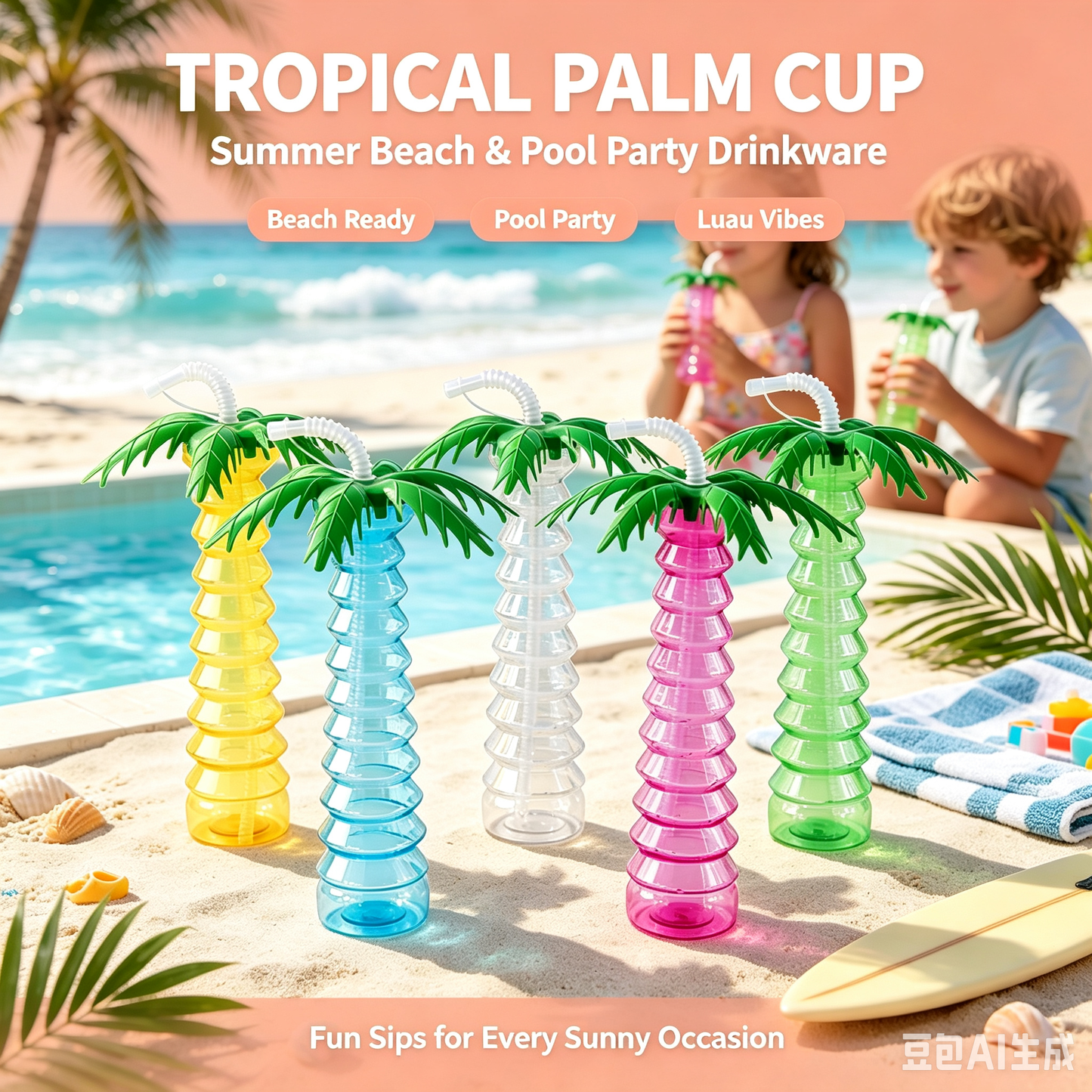 Palm Tree Plastic Straw Cups Tropical Hawaiian Luau Party Tumblers Summer Beach Pool Carnival Drink Cups Custom Logo Wholesale Bulk