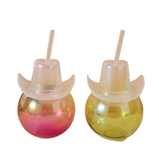 Novelty Cowboy Hat Sphere Plastic Straw Cup 450-500ML, Reusable Round Ball Drink Tumbler For Western Themed Party