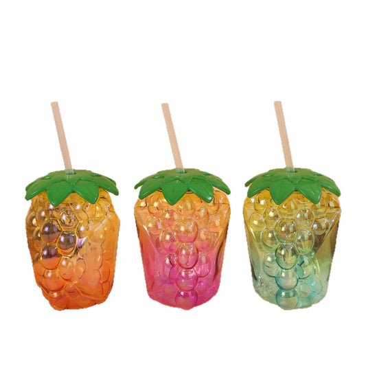 Novelty Grape Shaped Plastic Straw Cup 450-500ML, Reusable Fruit Drink Tumbler for Beach Pool Party