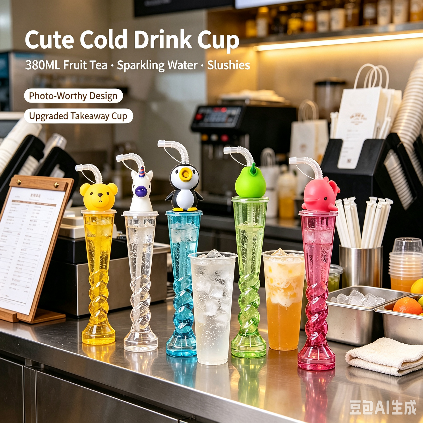 Twisted Tall Plastic Straw Cup 350-380ML | Cute 3D Animal Topper Reusable Cold Drink Cup for Bubble Tea Juice Party Stall Wholesale