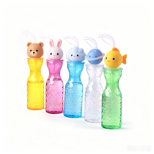 Cute 3D Cartoon Animal Head PET Straw Water Bottle 450-500ml | Reusable Kids Party Cold Drink Cup for Juice Bubble Tea