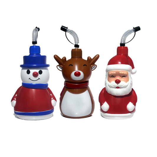 Christmas Character Straw Cup 3D Santa Snowman Reindeer Plastic Drink Tumbler With Lanyard Reusable Holiday Party Cup For Kids Xmas Gift