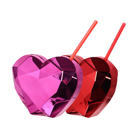 Metallic Diamond Heart Shaped Plastic Straw Cup 450-500ML PET PP Reusable Tumbler Custom Logo Valentine Party Drink Cup