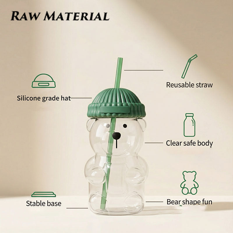 Cute Bear Shaped Plastic Water Cup 500ML | PP+PET Reusable Straw Cup For Party Daily Drinking