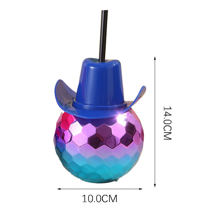 Discoball Cup Custom Logo Wholesale PET Plastic Slush Cup   Novelty Cowboy Hat Disco Mirror Ball Plastic Straw Cup 450-500ML, Reusable Sphere Drink Tumbler For Western Party
