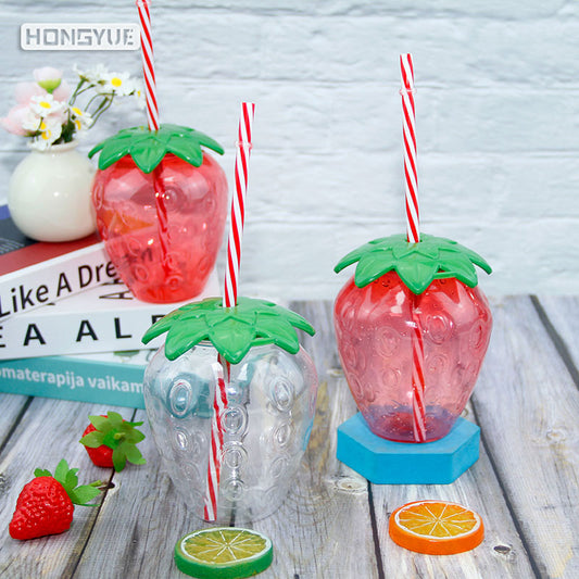 Disposable Strawberry Cup 500ml Straw Cup Luminous Plastic Juice Bottle