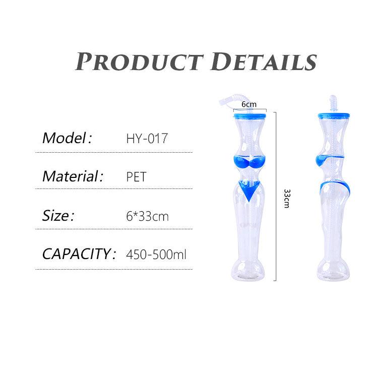 450-500ml Bikini Lady Shape Plastic Straw Cup 33×6cm PET Party Juice Bottle