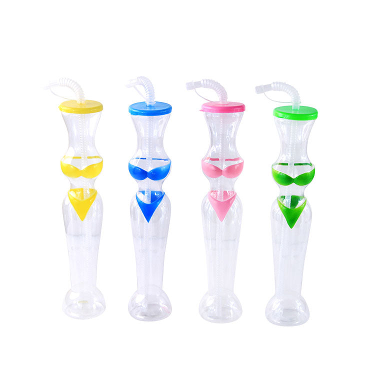 450-500ml Bikini Lady Shape Plastic Straw Cup 33×6cm PET Party Juice Bottle