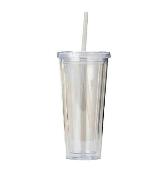 650ML Transparent PS Double Wall Plastic Tumbler With Flat Lid & Straw Custom Logo Drinking Cup