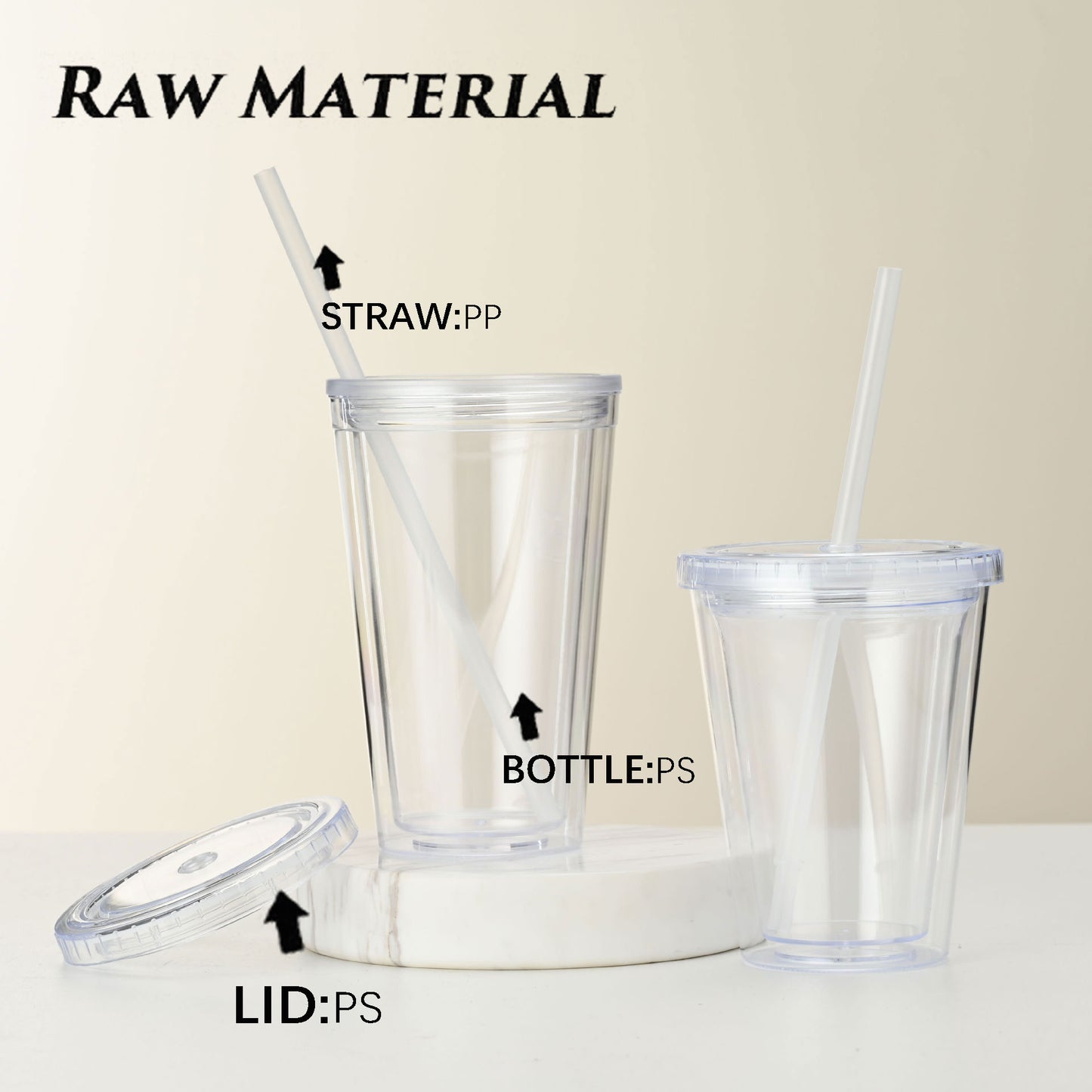 650ML Transparent PS Double Wall Plastic Tumbler With Flat Lid & Straw Custom Logo Drinking Cup