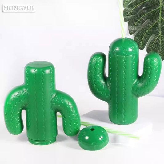 Creative 500ml Plastic Cactus Shape Water Bottle Cold Drink Juice Party Cup with Lid and Straw