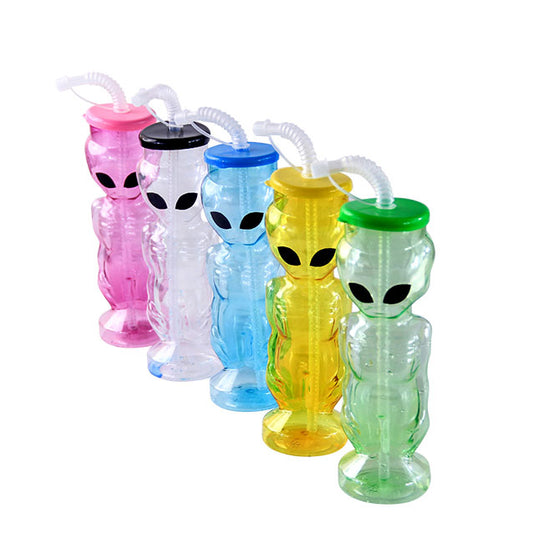 450-500ml Alien Shape Plastic Straw Cup 22×6cm PET Novelty Party Juice Bottle