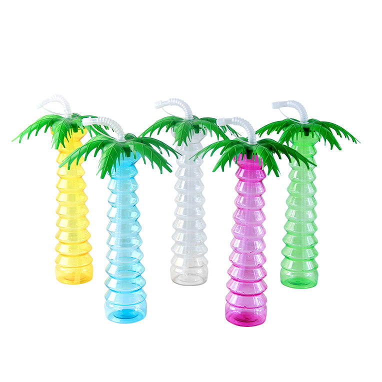 Palm Tree Plastic Straw Cups Tropical Hawaiian Luau Party Tumblers Summer Beach Pool Carnival Drink Cups Custom Logo Wholesale Bulk