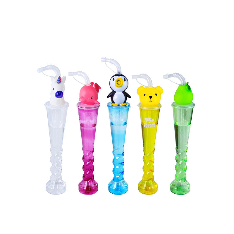 Twisted Tall Plastic Straw Cup 350-380ML | Cute 3D Animal Topper Reusable Cold Drink Cup for Bubble Tea Juice Party Stall Wholesale