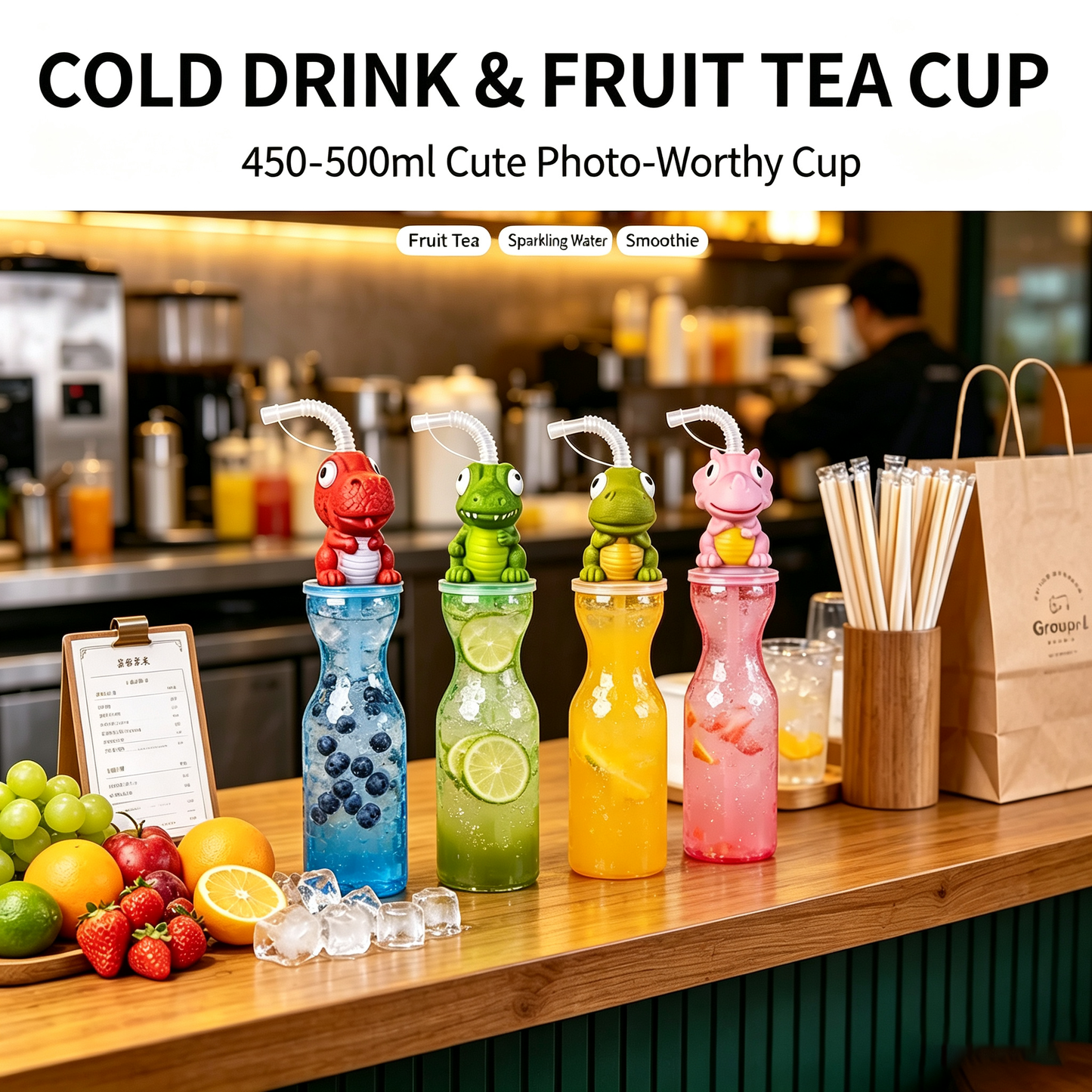Cute 3D Cartoon Animal Head PET Straw Water Bottle 450-500ml | Reusable Kids Party Cold Drink Cup for Juice Bubble Tea