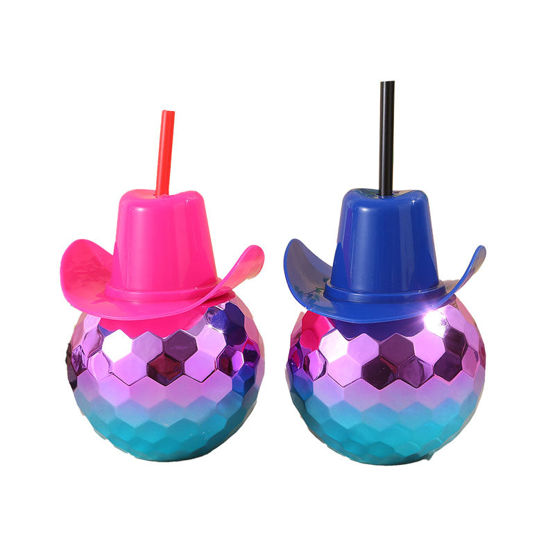Discoball Cup Custom Logo Wholesale PET Plastic Slush Cup   Novelty Cowboy Hat Disco Mirror Ball Plastic Straw Cup 450-500ML, Reusable Sphere Drink Tumbler For Western Party