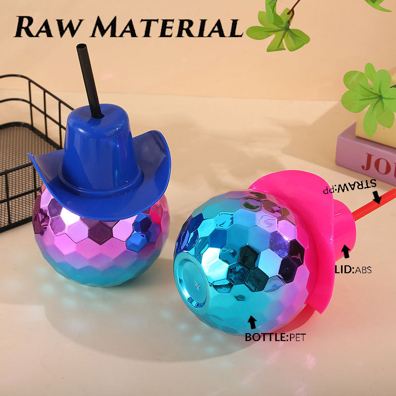 Discoball Cup Custom Logo Wholesale PET Plastic Slush Cup   Novelty Cowboy Hat Disco Mirror Ball Plastic Straw Cup 450-500ML, Reusable Sphere Drink Tumbler For Western Party