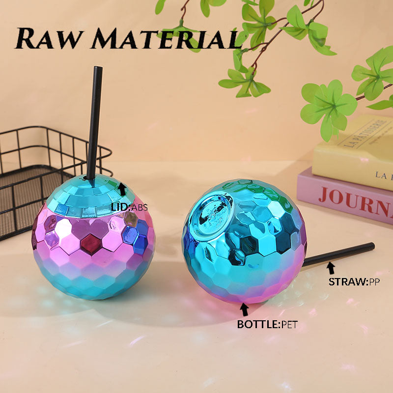 Novelty Disco Mirror Ball Plastic Straw Cup 450-500ML, Reusable Sphere Drink Tumbler for Nightclub & Party