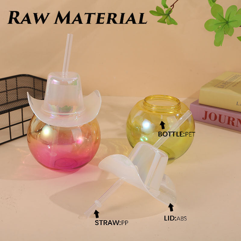 Novelty Cowboy Hat Sphere Plastic Straw Cup 450-500ML, Reusable Round Ball Drink Tumbler For Western Themed Party