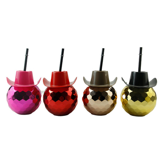 Discoball Cup Custom Logo Wholesale PET Plastic Slush Cup Cowboy Hat Disco Ball Cup 500ML PET Plastic Straw Cup Custom Logo Western Party Nightclub Cocktail Drinking Cup