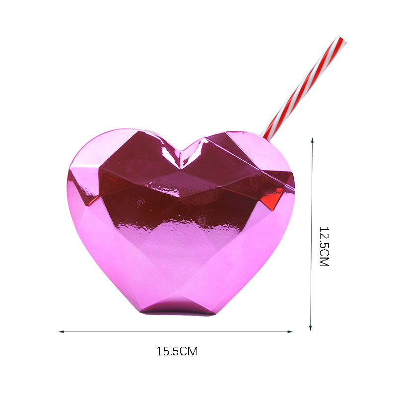 Metallic Diamond Heart Shaped Plastic Straw Cup 450-500ML PET PP Reusable Tumbler Custom Logo Valentine Party Drink Cup