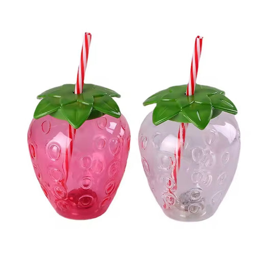 Cute Disposable Strawberry Shaped Plastic Drinking Water Bottle Cup With Lid& Straw for Party Decoration Supplies