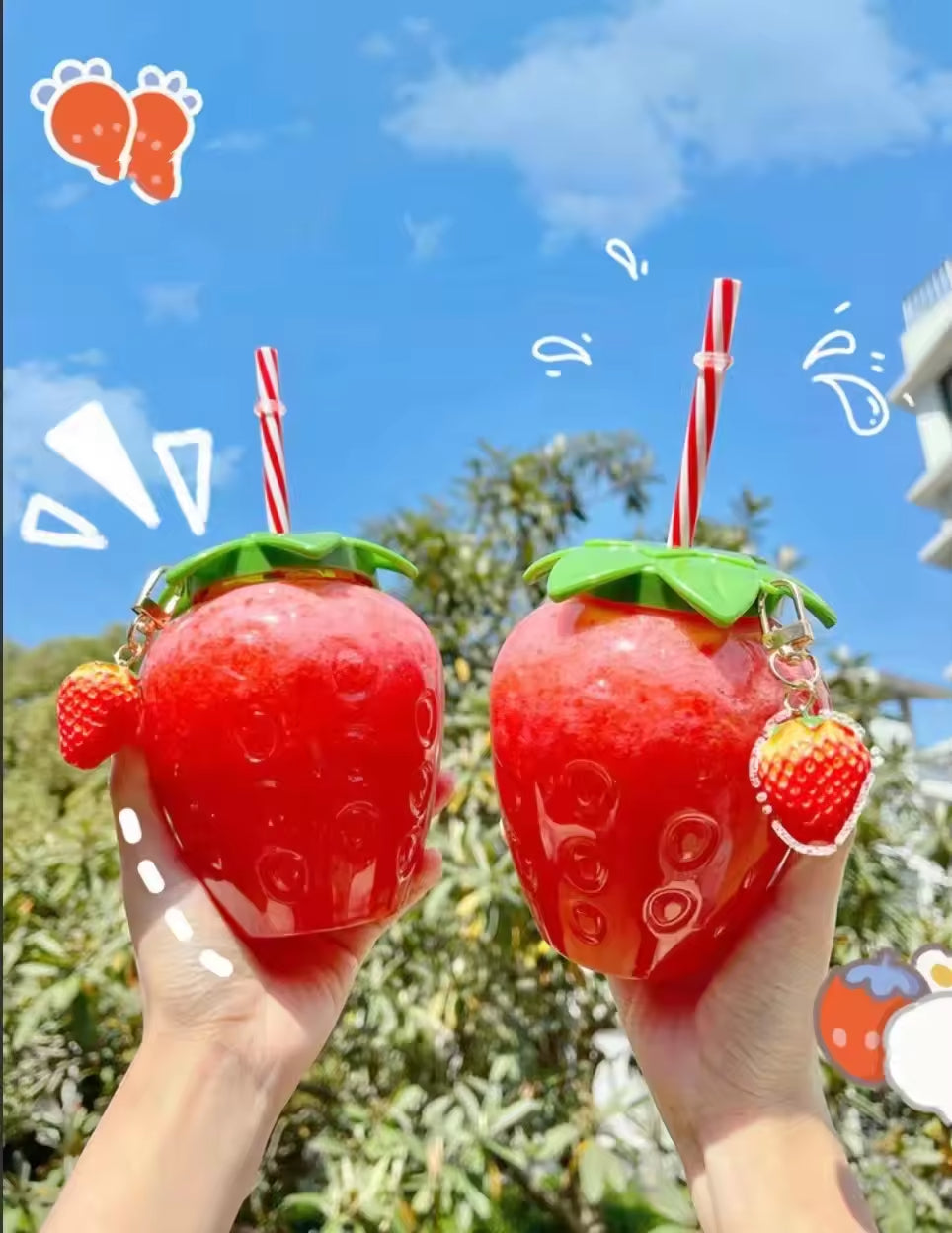 Cute Disposable Strawberry Shaped Plastic Drinking Water Bottle Cup With Lid& Straw for Party Decoration Supplies