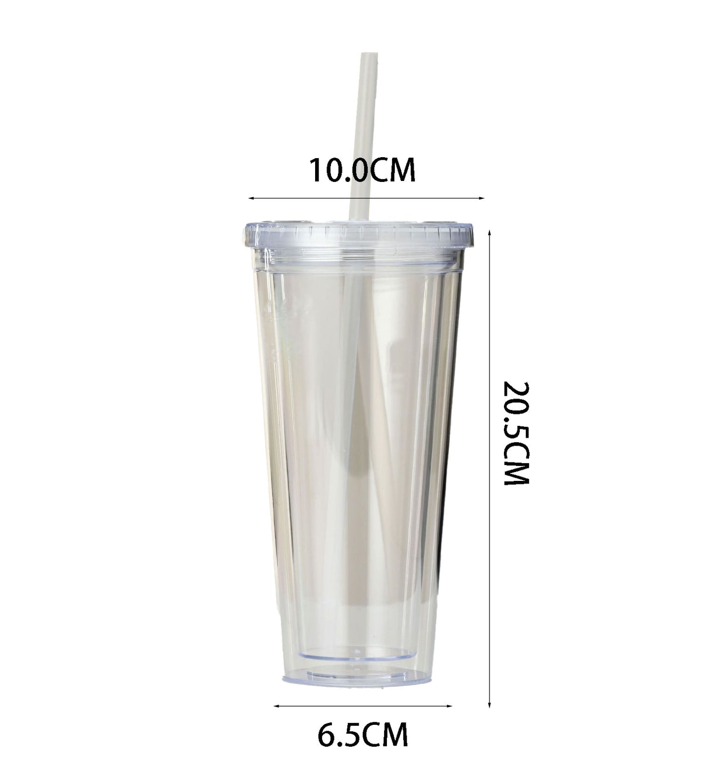 650ML Transparent PS Double Wall Plastic Tumbler With Flat Lid & Straw Custom Logo Drinking Cup
