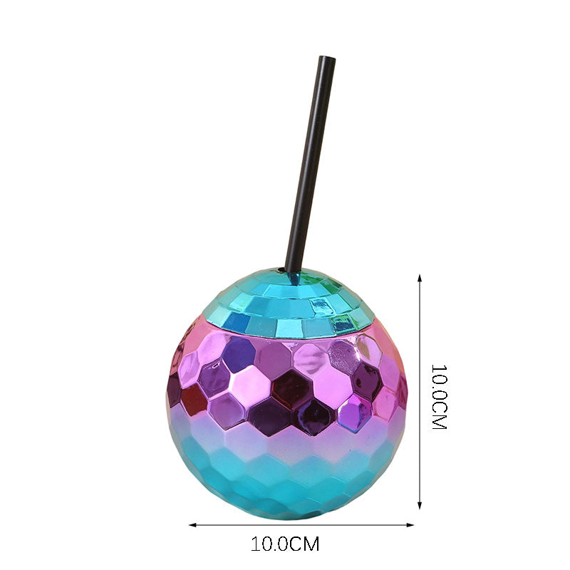 Novelty Disco Mirror Ball Plastic Straw Cup 450-500ML, Reusable Sphere Drink Tumbler for Nightclub & Party