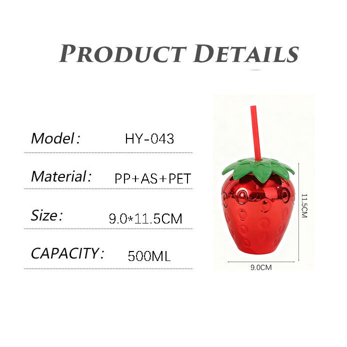 Novelty Strawberry Shaped Plastic Straw Cup 450-500ML, Reusable Fruit Drink Tumbler For Beach Pool Party