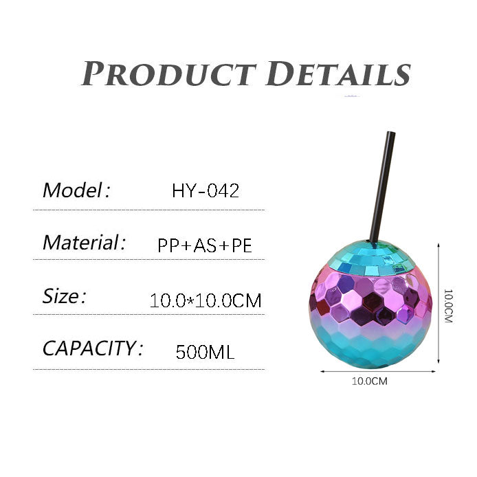 Novelty Disco Mirror Ball Plastic Straw Cup 450-500ML, Reusable Sphere Drink Tumbler for Nightclub & Party