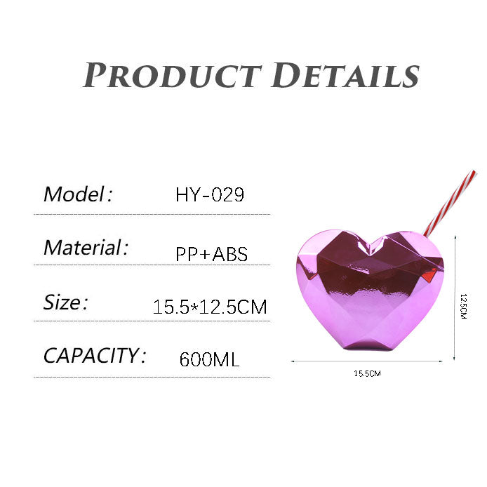 Metallic Diamond Heart Shaped Plastic Straw Cup 450-500ML PET PP Reusable Tumbler Custom Logo Valentine Party Drink Cup
