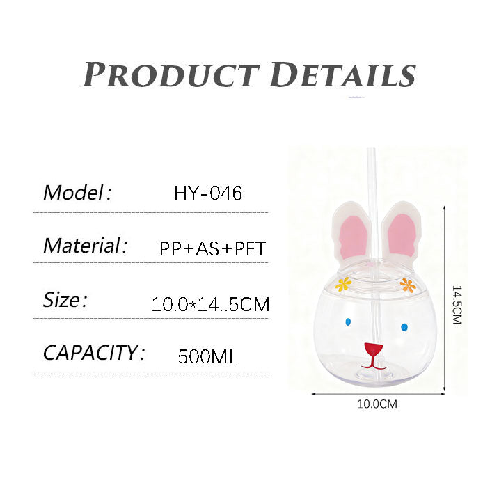 Cute 3D Rabbit Head PET Straw Cup 500ML Reusable Kids Plastic Tumbler Custom Printed Party Juice Water Cup