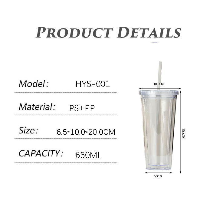 650ML Transparent PS Double Wall Plastic Tumbler With Flat Lid & Straw Custom Logo Drinking Cup