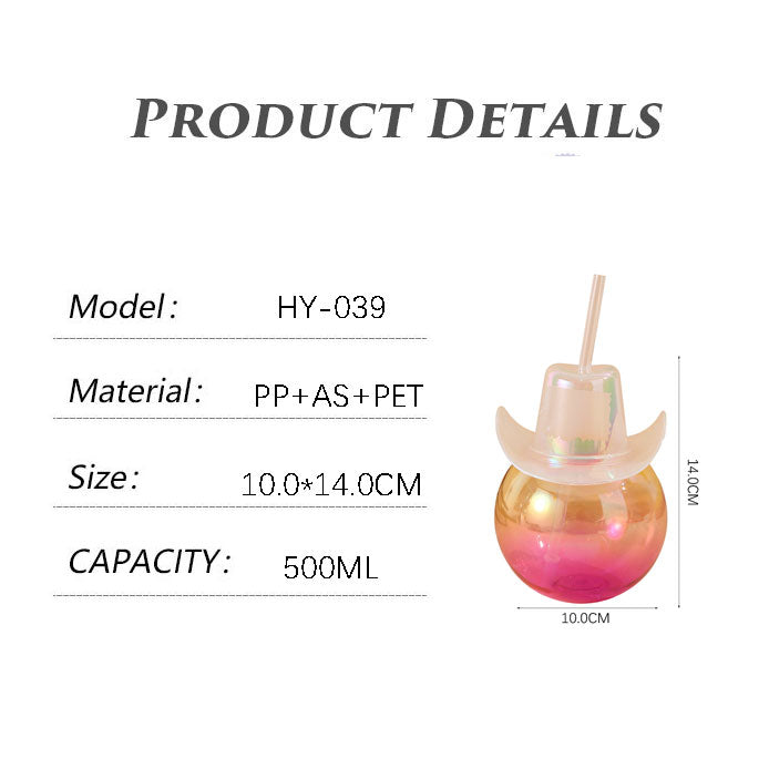Novelty Cowboy Hat Sphere Plastic Straw Cup 450-500ML, Reusable Round Ball Drink Tumbler For Western Themed Party