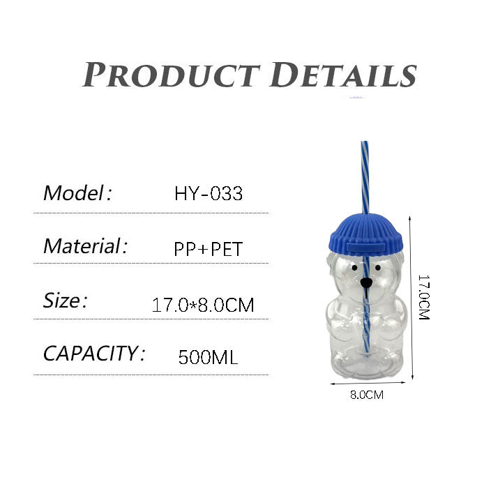 Cute Bear Shaped Plastic Water Cup 500ML | PP+PET Reusable Straw Cup For Party Daily Drinking
