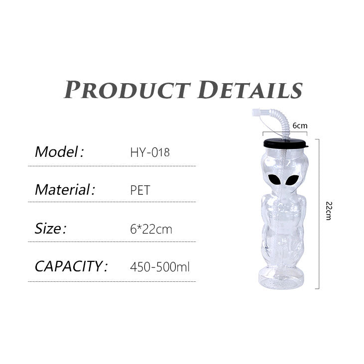 450-500ml Alien Shape Plastic Straw Cup 22×6cm PET Novelty Party Juice Bottle